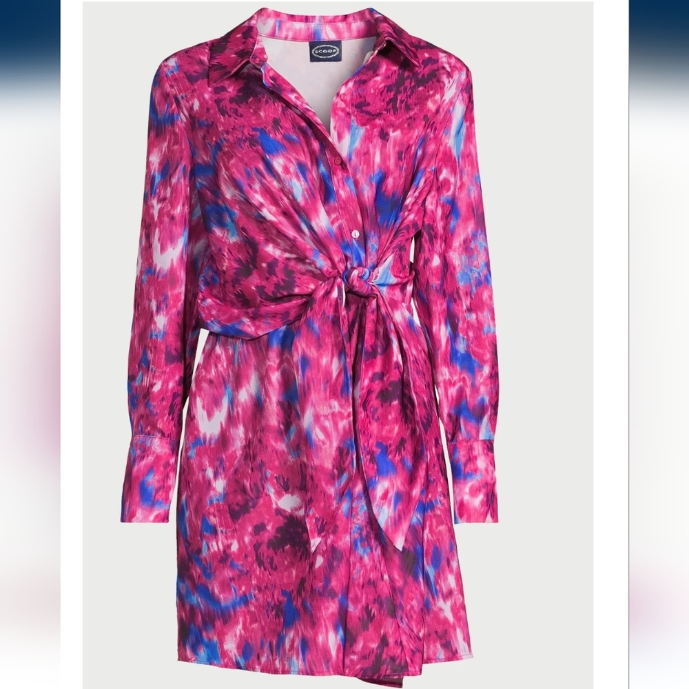 Scoop Long Sleeve Button Front Side Tie Short Dress, L (12-14)  Pink multi - Picture 6 of 6